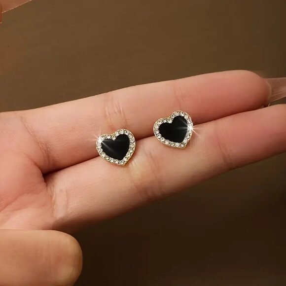 Black Heart Stud Earrings w/ Sparkling Rhinestones - Picture 3 of 4